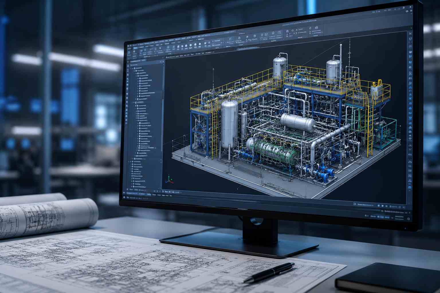 Modelo CAD 3D de uma instalação industrial utilizado em projeto de Engenharia de Detalhamento