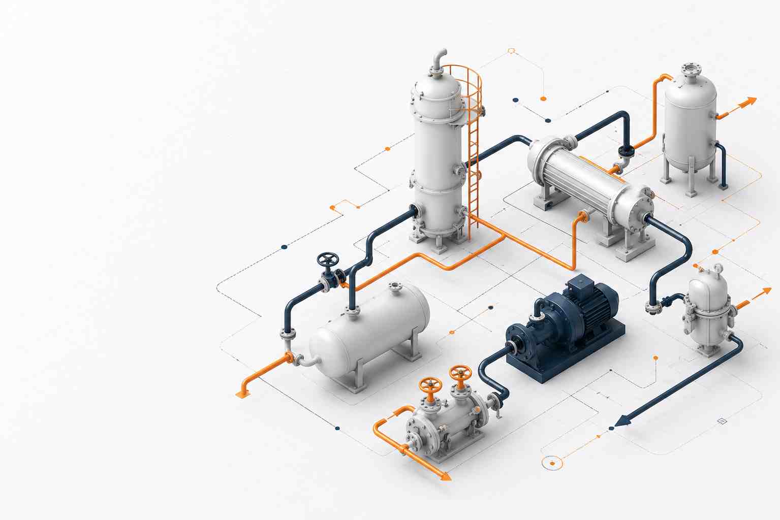 Representação isométrica de uma planta industrial com equipamentos, tanques, tubulações e sistemas integrados de processo